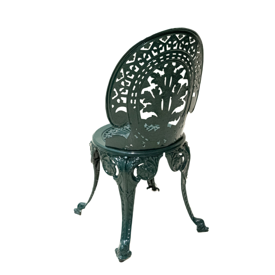 Pair Green Painted Cast Aluminum Garden Chairs & Table