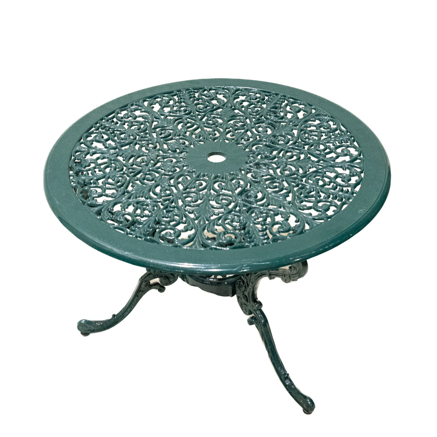 Pair Green Painted Cast Aluminum Garden Chairs & Table
