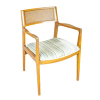 Vintage Cane Back Teak Chairs With Blue Stripe Upholstery  Set of 4