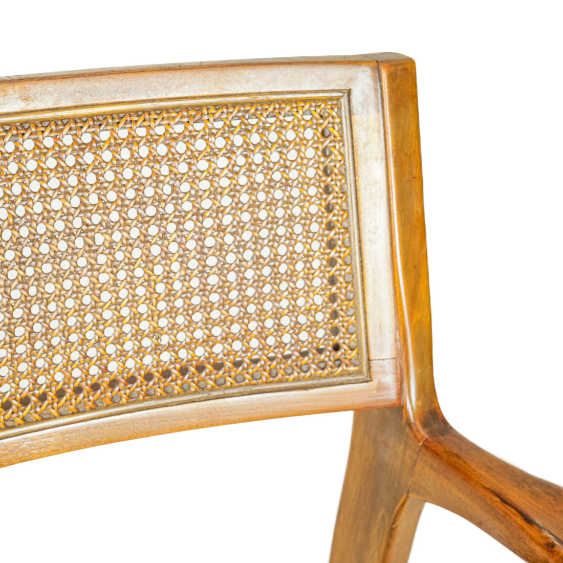 Vintage Cane Back Teak Chairs With Blue Stripe Upholstery  Set of 4