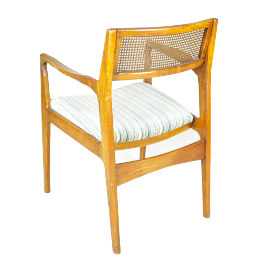 Vintage Cane Back Teak Chairs With Blue Stripe Upholstery  Set of 4