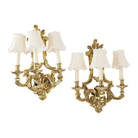 Bronze Three-Light Wall Sconces And Shades - Set of 2
