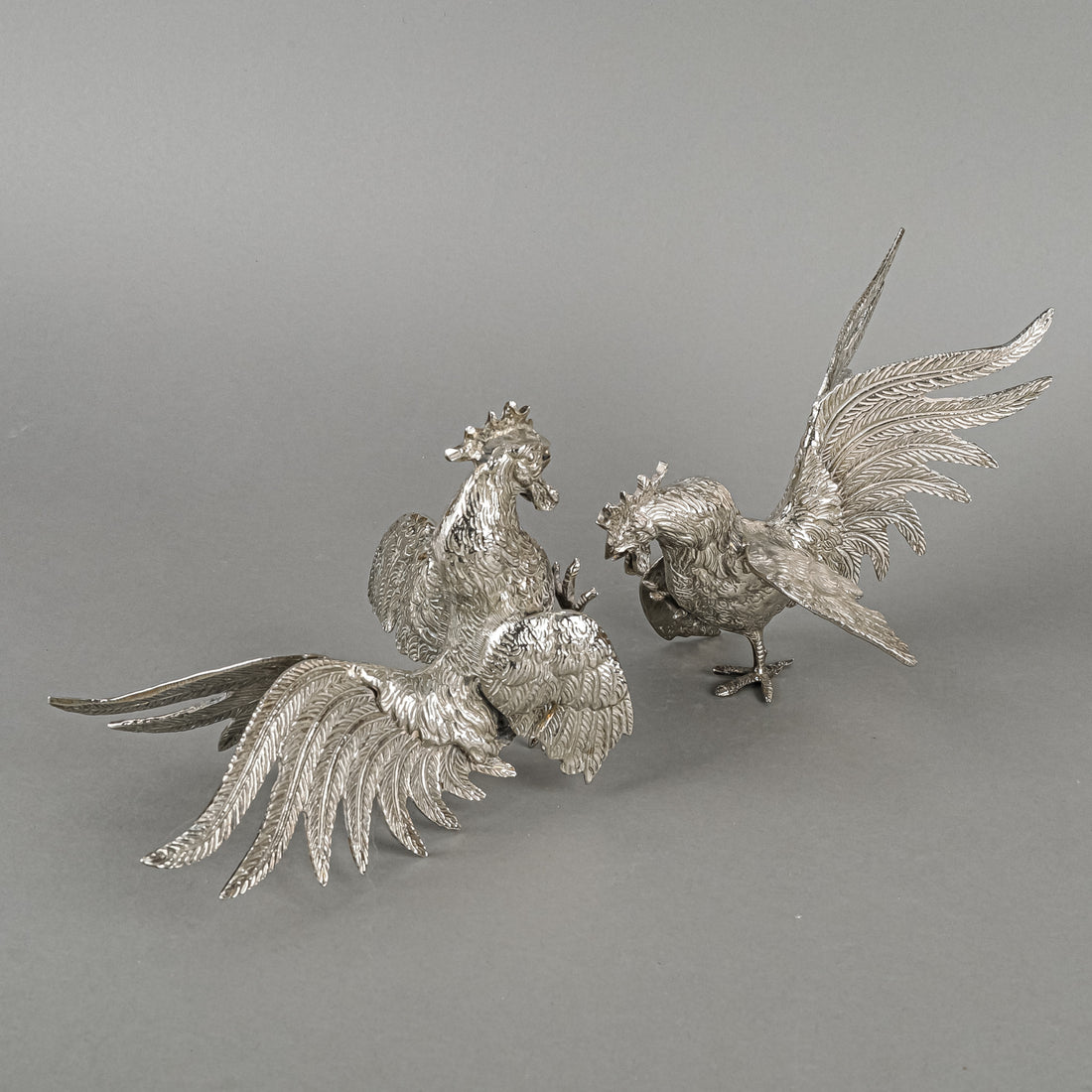 Silverplate Figurines Fighting Roosters Set Of 2