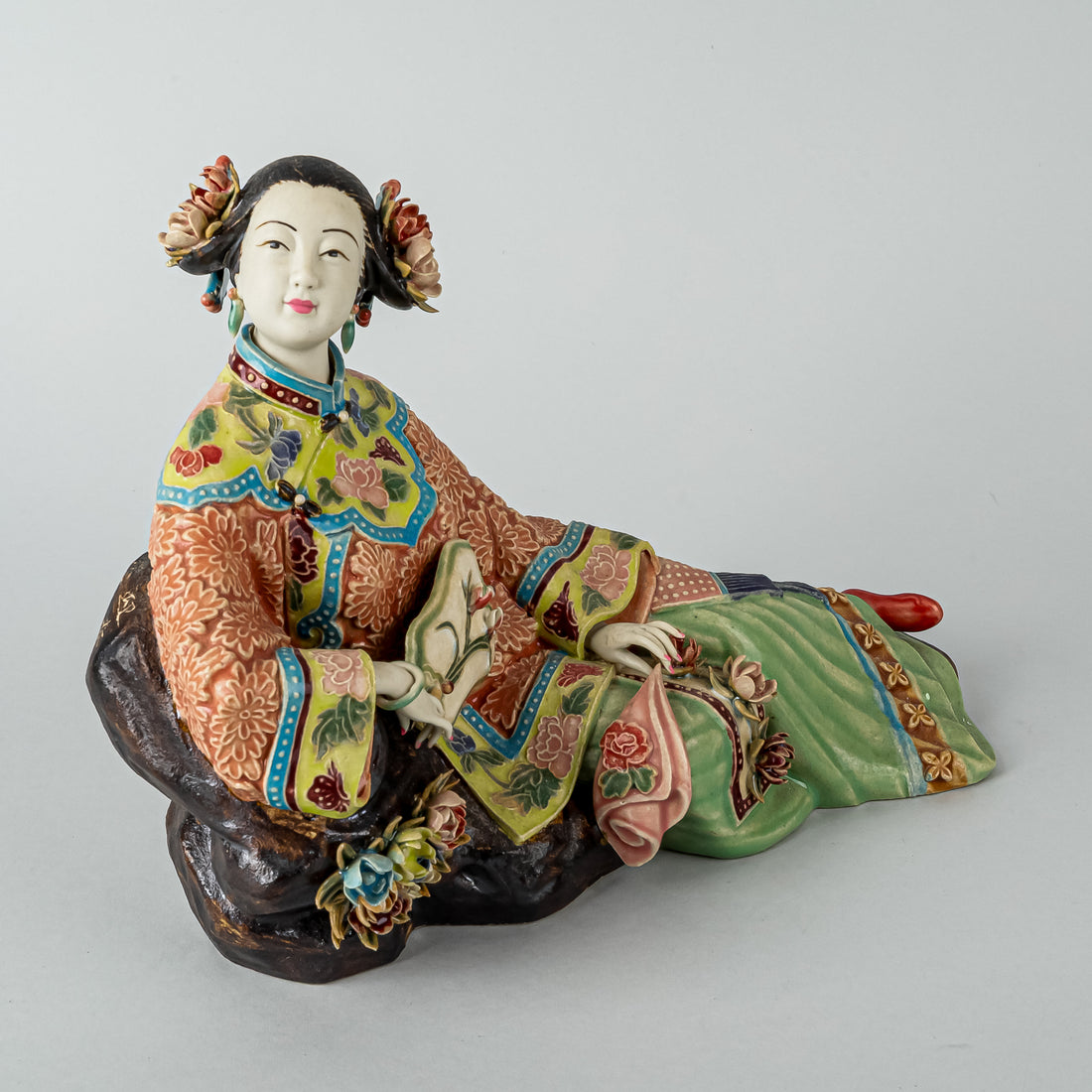 Shiwan Wucai Figurine Reclining Lady With Fan