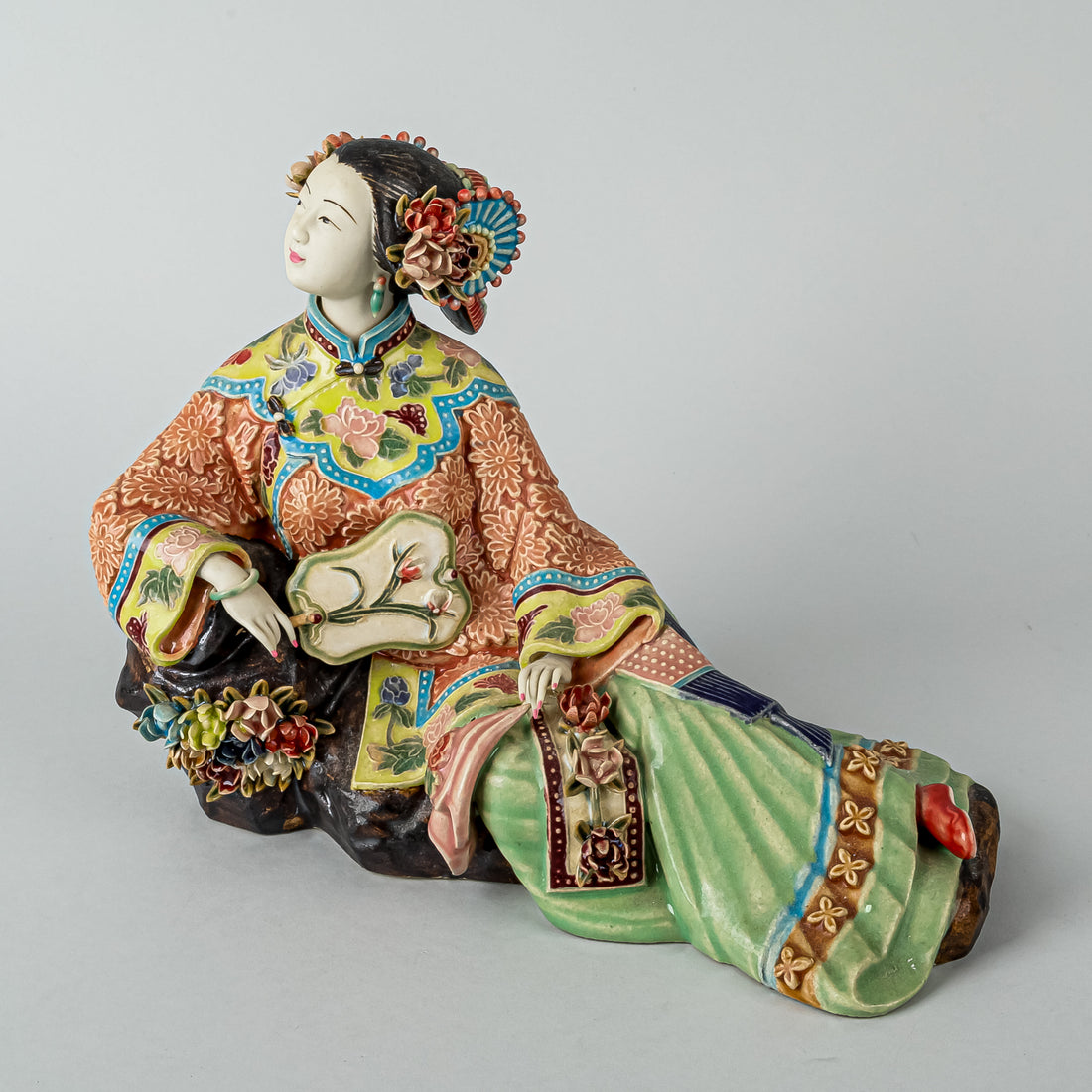 Shiwan Wucai Figurine Reclining Lady With Fan