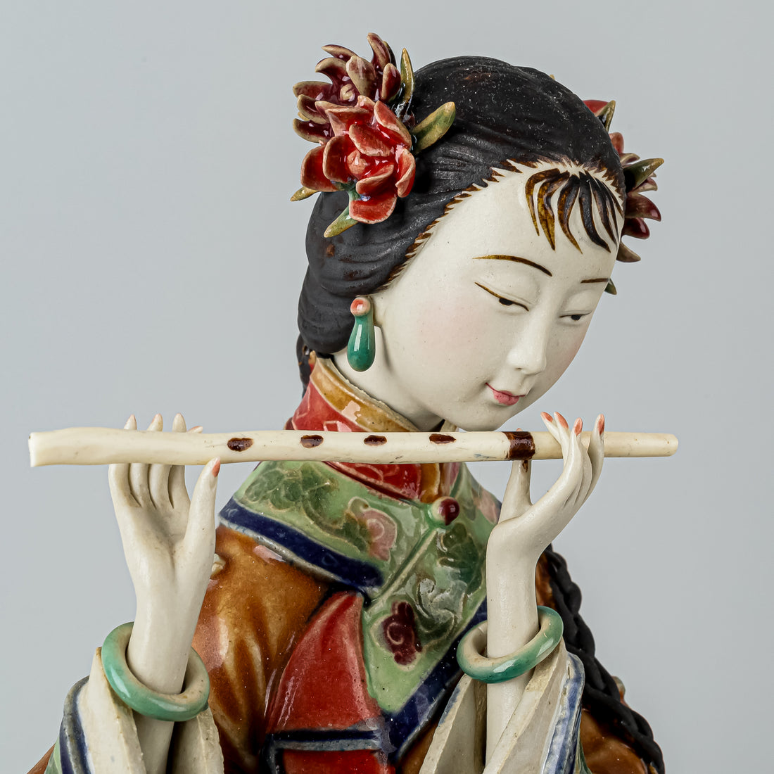 Shiwan Wucai Figurine Lady With Chinese Flute