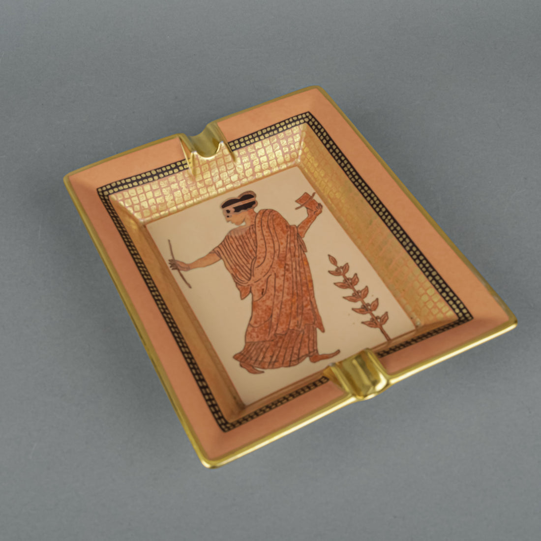 HERMES 24K Gold Porcelain Ashtray Greek/Roman Motif