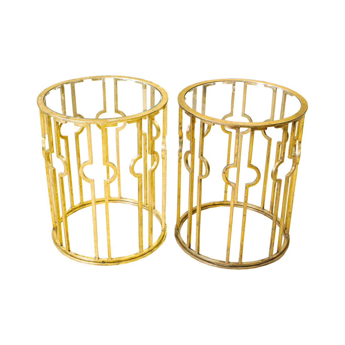 Gilt Steel Steel Drum End Tables w/Glass Tops Set of 2