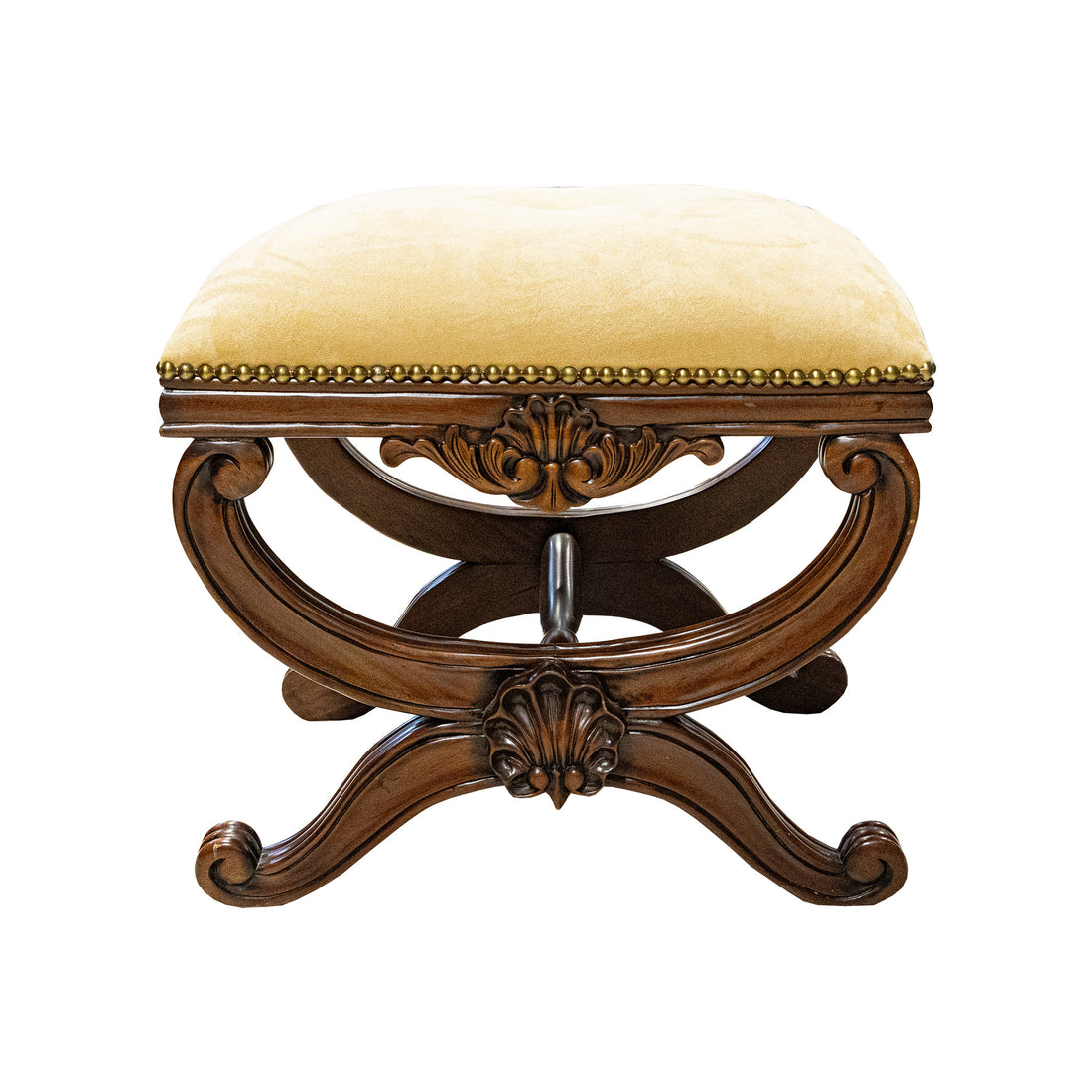 Curule Style Wooden Stool w/Tan Upholstery