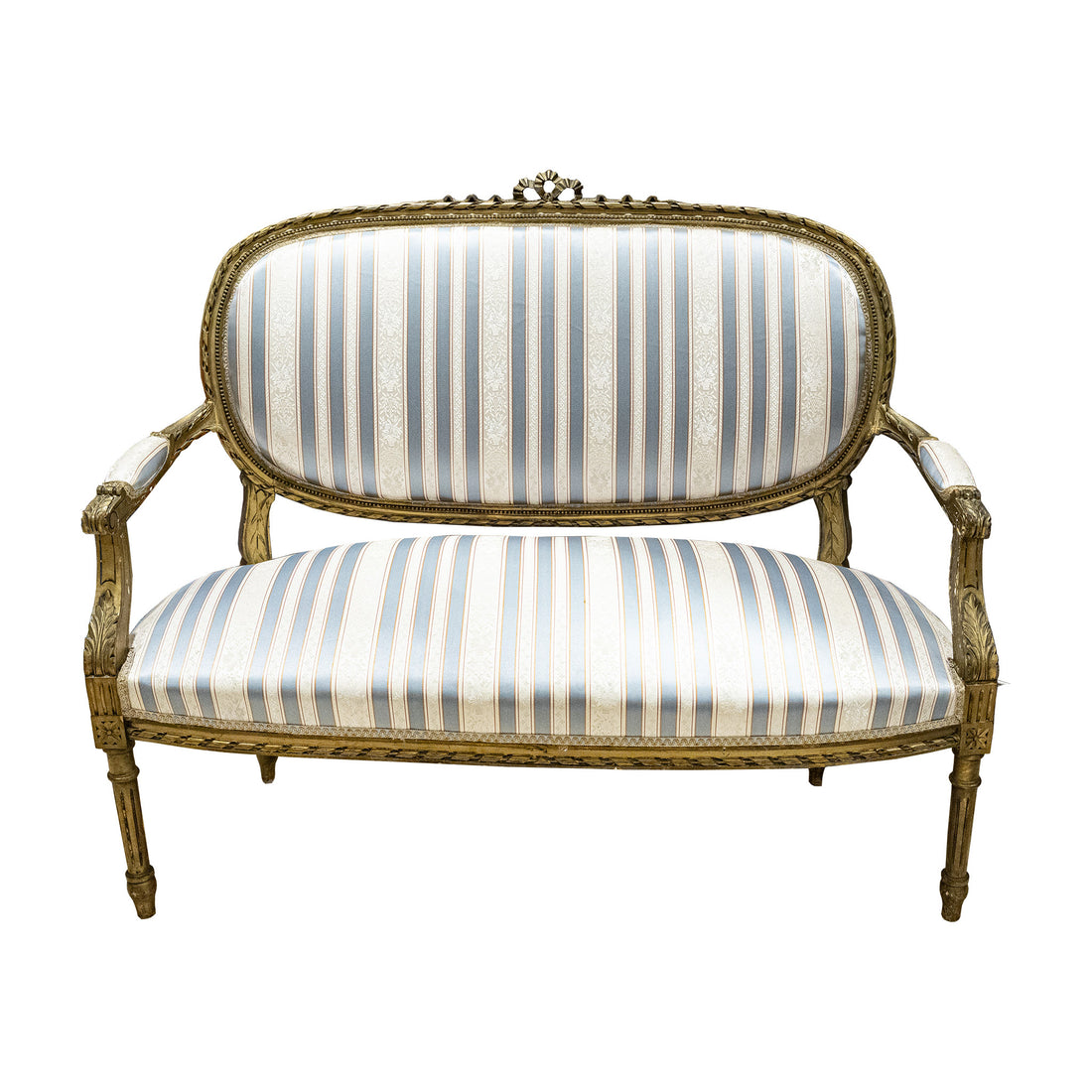 Gold Finish Louis XVI Style Settee Blue & Cream Upholstery