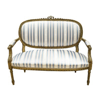 Gold Finish Louis XVI Style Settee Blue & Cream Upholstery