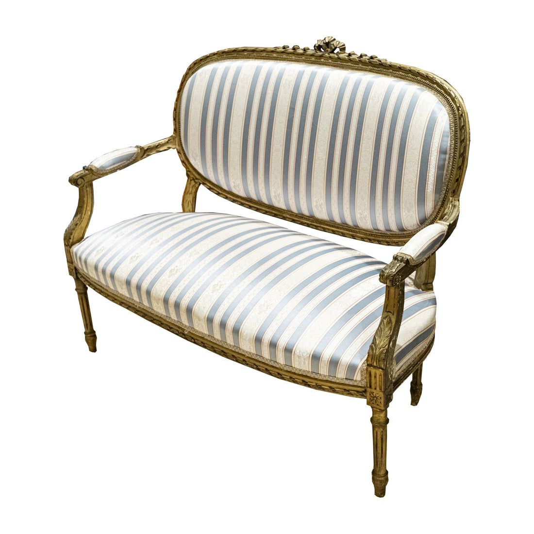 Gold Finish Louis XVI Style Settee Blue & Cream Upholstery