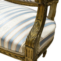 Gold Finish Louis XVI Style Settee Blue & Cream Upholstery