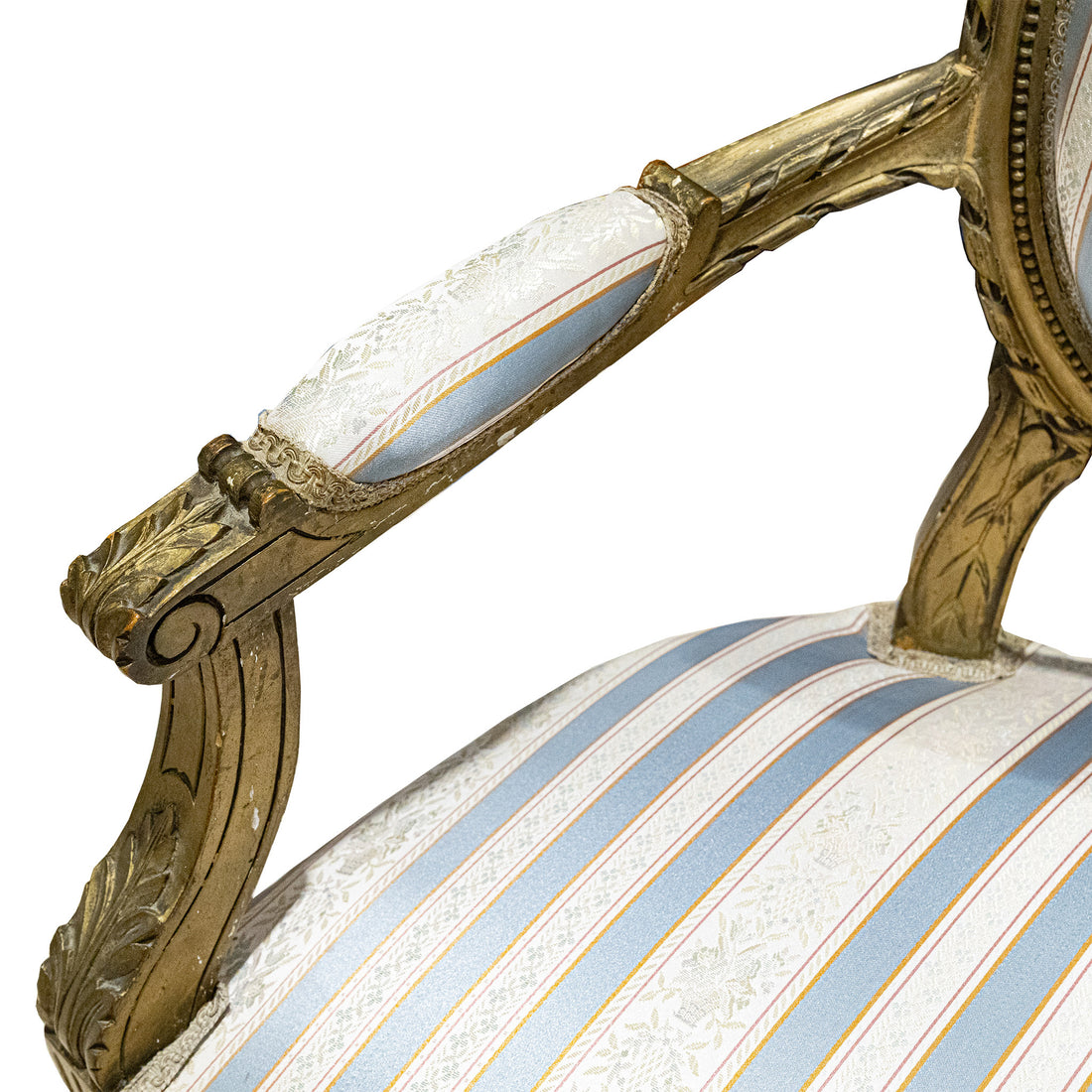 Gold Finish Louis XVI Style Settee Blue & Cream Upholstery