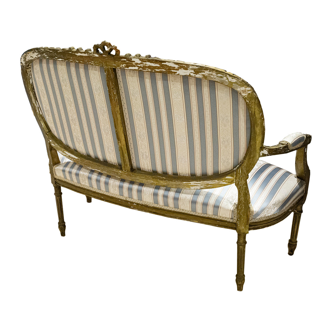 Gold Finish Louis XVI Style Settee Blue & Cream Upholstery