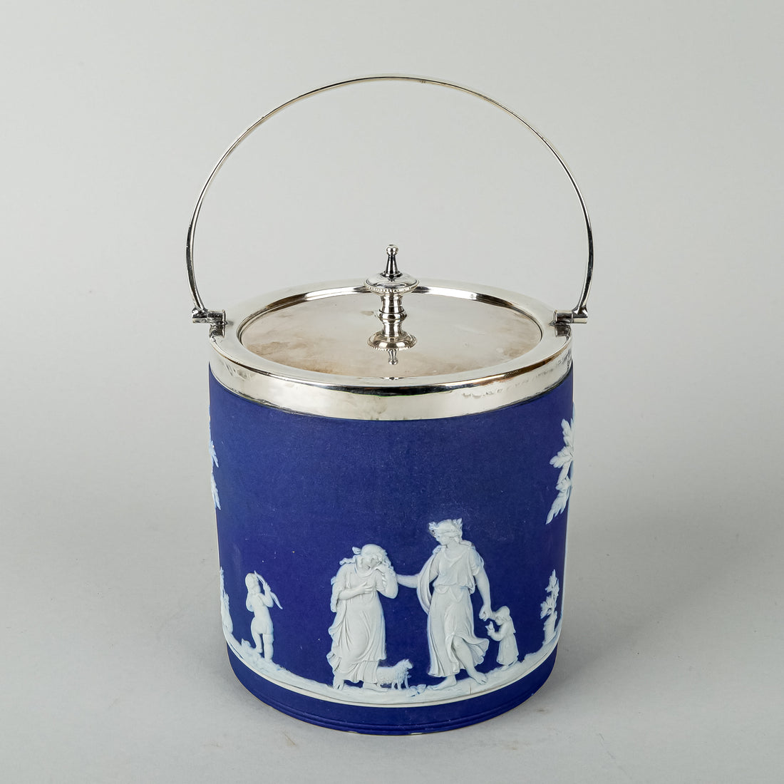 WEDGWOOD White On Blue Jaspwerware w/Silver Plate Mount Biscuit Barrel
