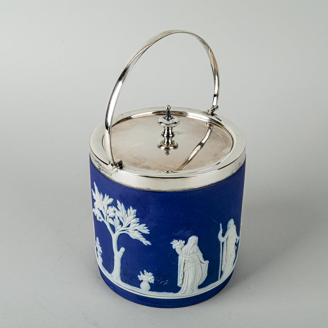 WEDGWOOD White On Blue Jaspwerware w/Silver Plate Mount Biscuit Barrel