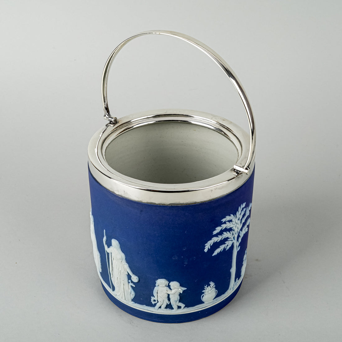 WEDGWOOD White On Blue Jaspwerware w/Silver Plate Mount Biscuit Barrel
