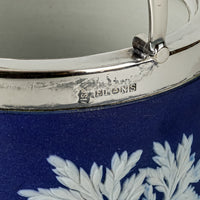 WEDGWOOD White On Blue Jaspwerware w/Silver Plate Mount Biscuit Barrel
