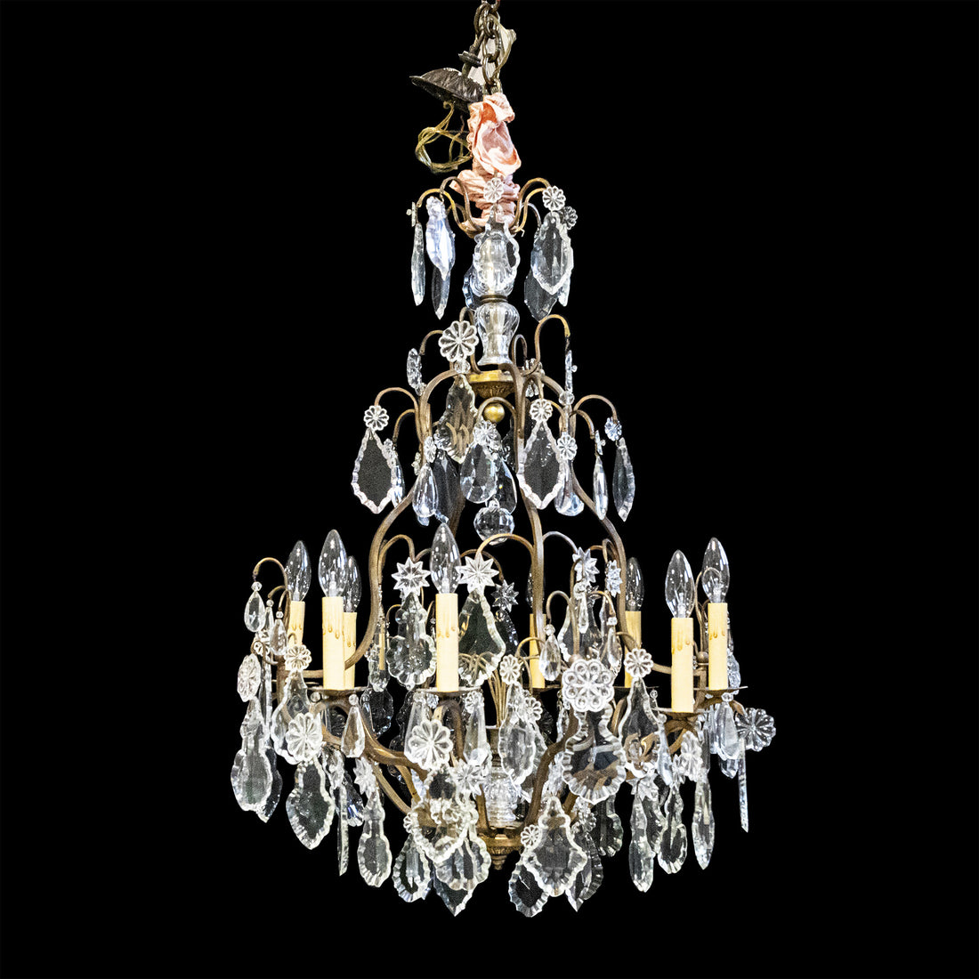 Gilt Bronze 10-Light Chandelier With Crystal Drops