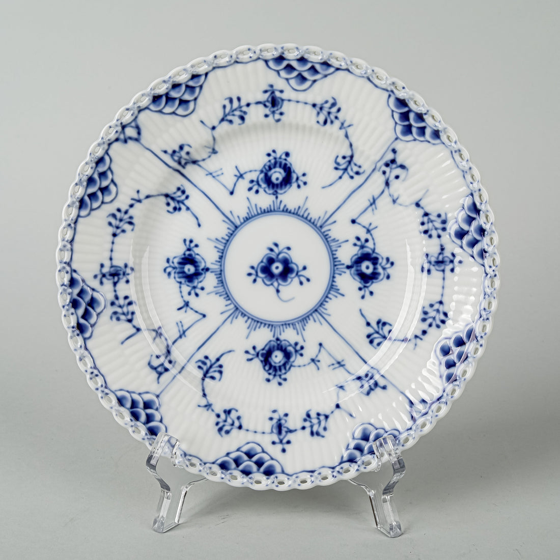 ROYAL COPENHAGEN Blue Fluted Full Lace Dessert Plates Set Of 9