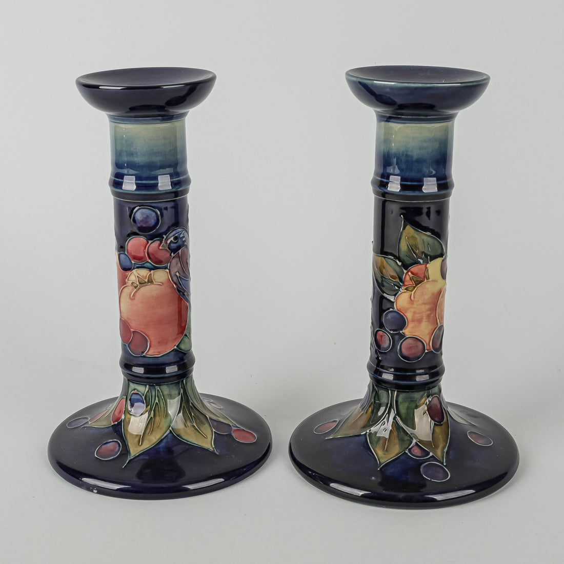 MOORCROFT Pomegranate Blue Ground Candlesticks Set of 2
