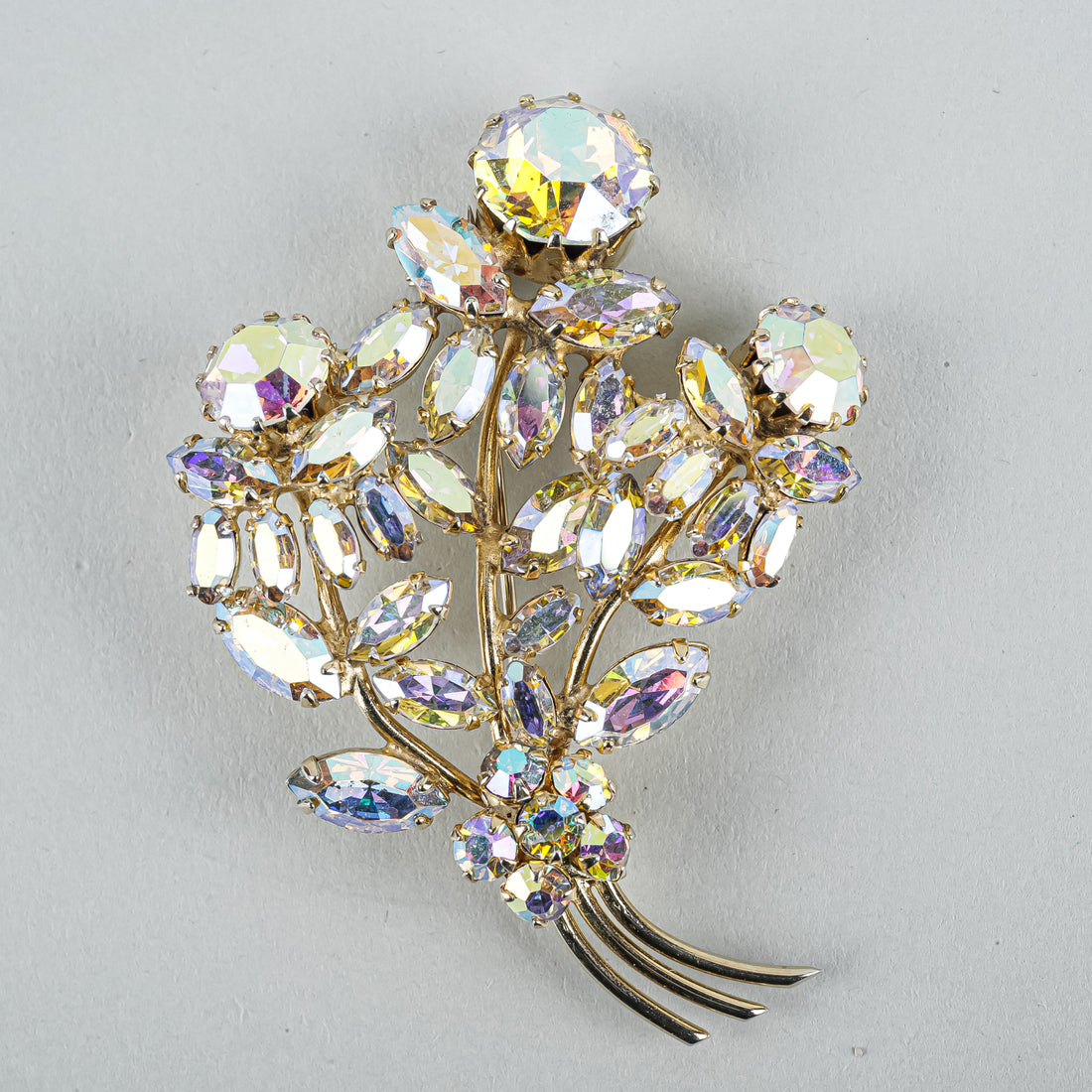 SHERMAN Gold-Tone Aurora Borealis  Rhinestones - Floral Spray