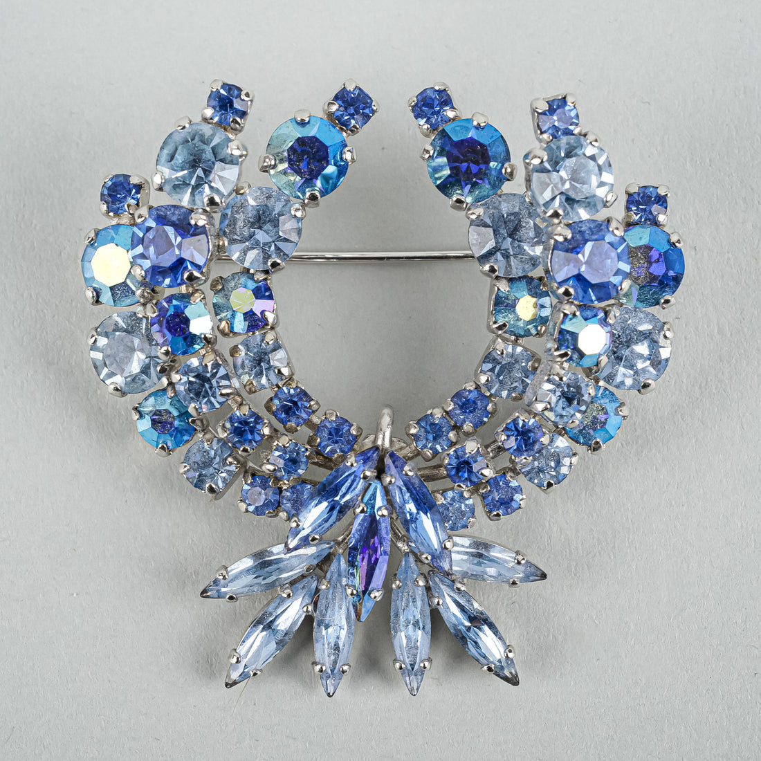 SHERMAN Silver-Tone Blue Ombre Rhinestone Laurel Leaf Brooch