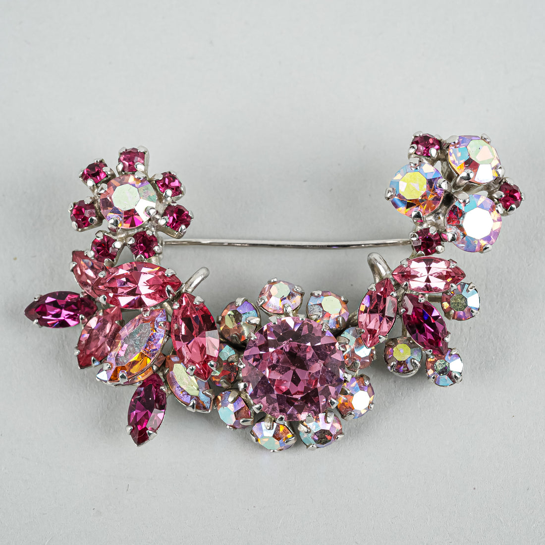 SHERMAN Silver-Tone Crescent Pink Ombre Aurora Borealis Rhinestones Brooch