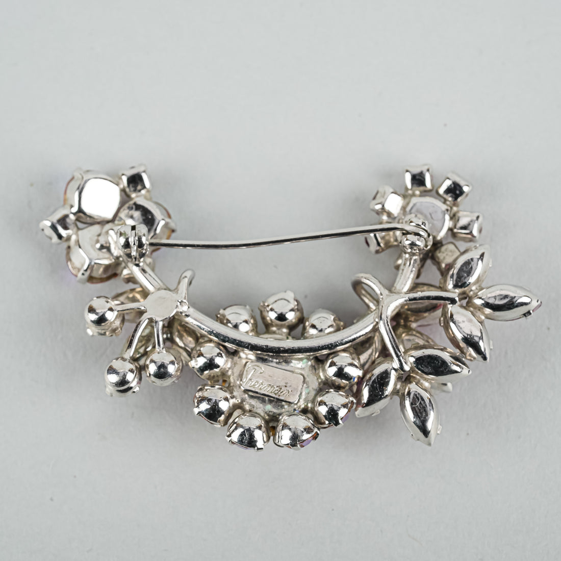 SHERMAN Silver-Tone Crescent Pink Ombre Aurora Borealis Rhinestones Brooch