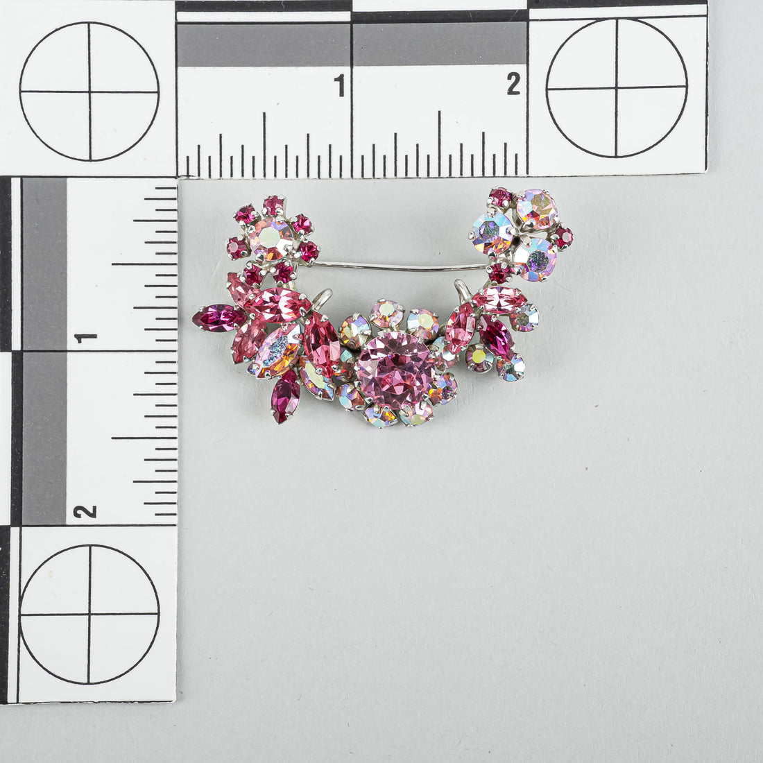 SHERMAN Silver-Tone Crescent Pink Ombre Aurora Borealis Rhinestones Brooch