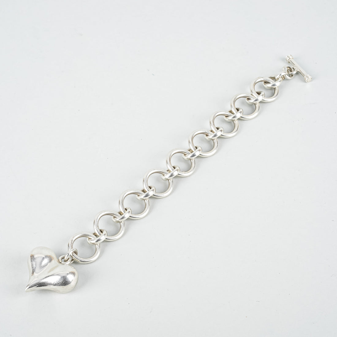 Sterling Silver Open-Circle Link With Large Puffy-Heart Charm Bracelet