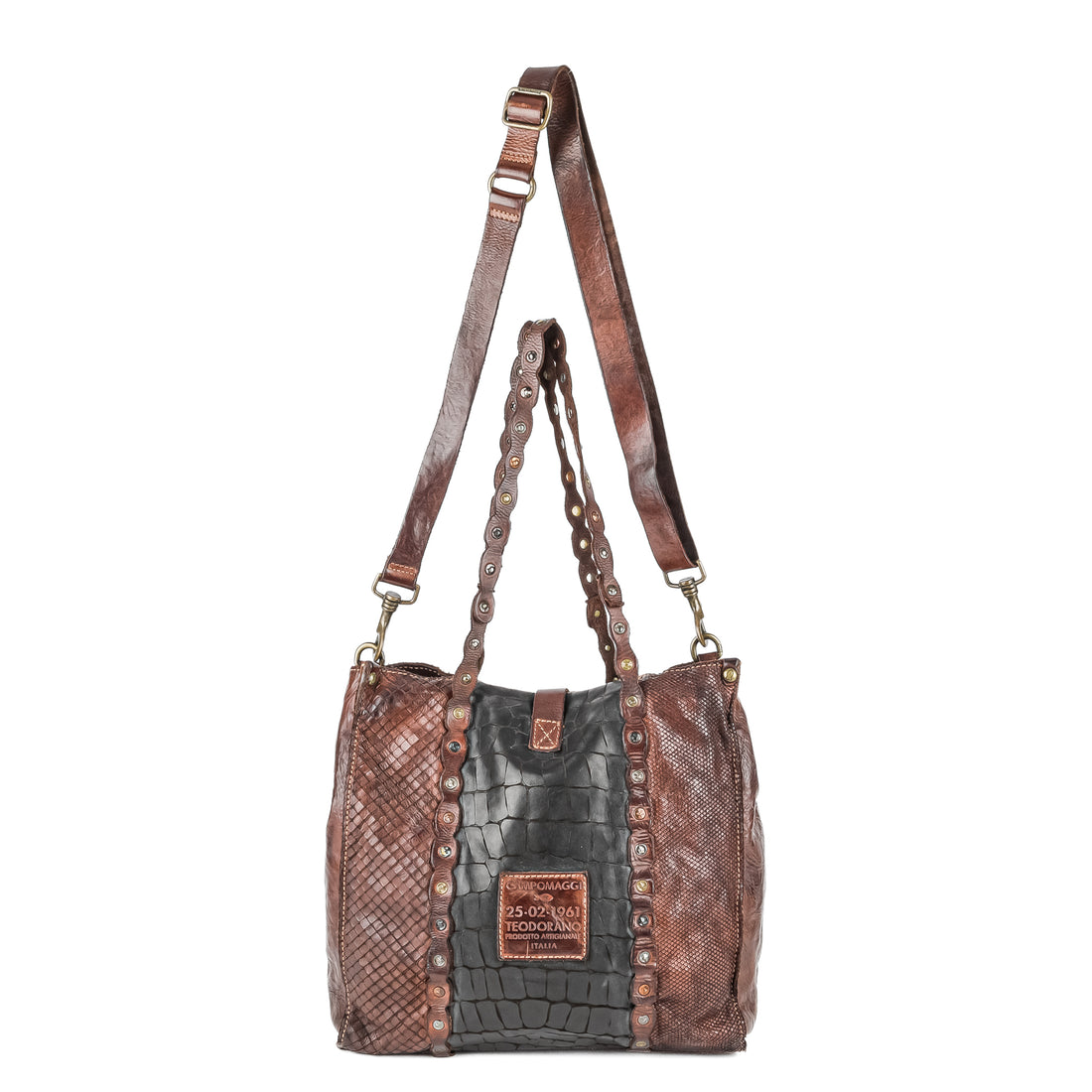 CAMPOMAGGI Embossed Brown & Black Leather Tote Bag