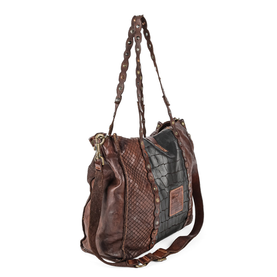CAMPOMAGGI Embossed Brown & Black Leather Tote Bag