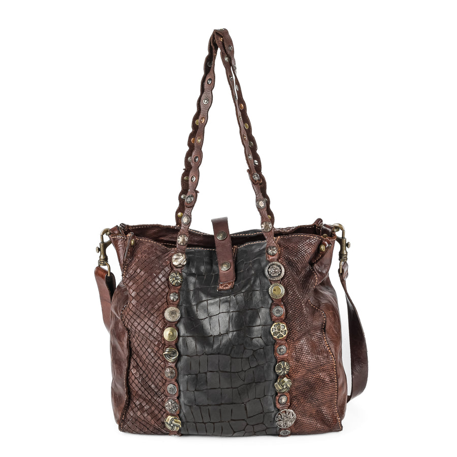 CAMPOMAGGI Embossed Brown & Black Leather Tote Bag