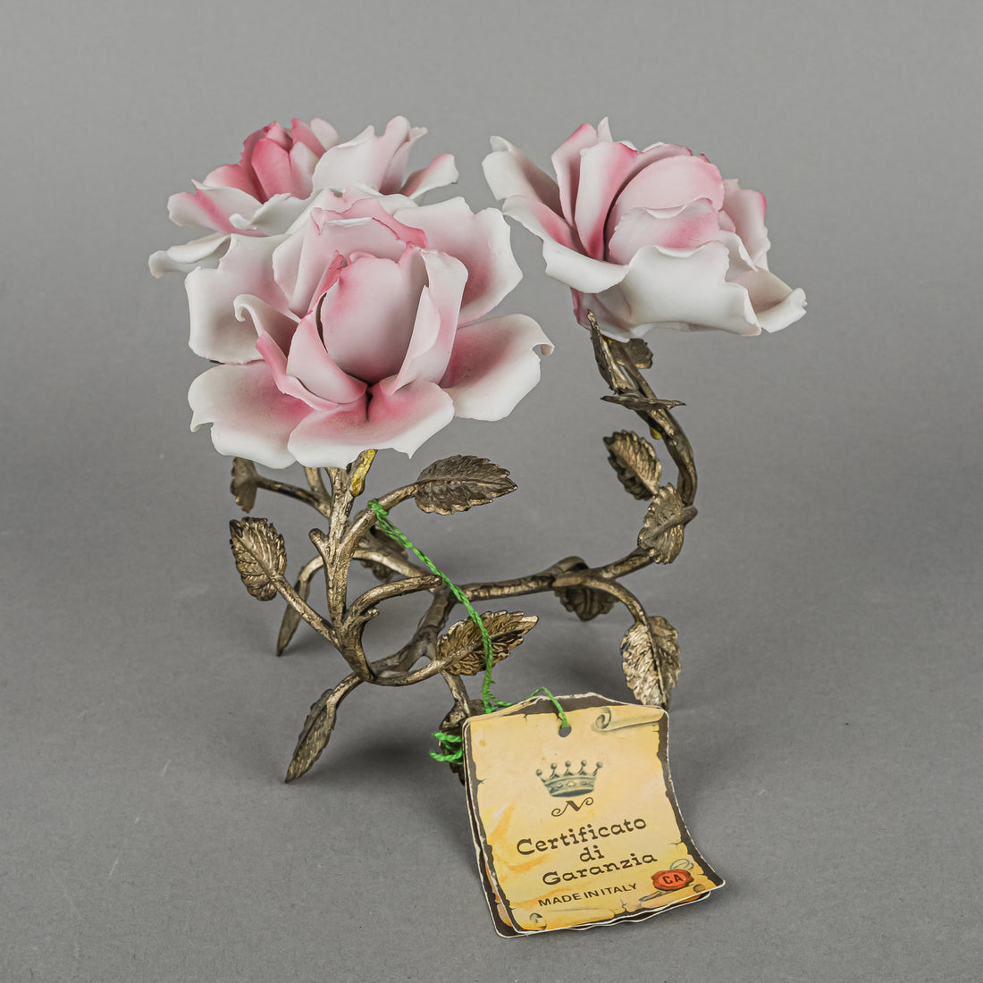 CAPODIMONTE Rose China Florals With Metal Stand