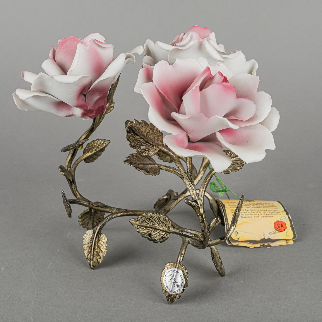 CAPODIMONTE Rose China Florals With Metal Stand