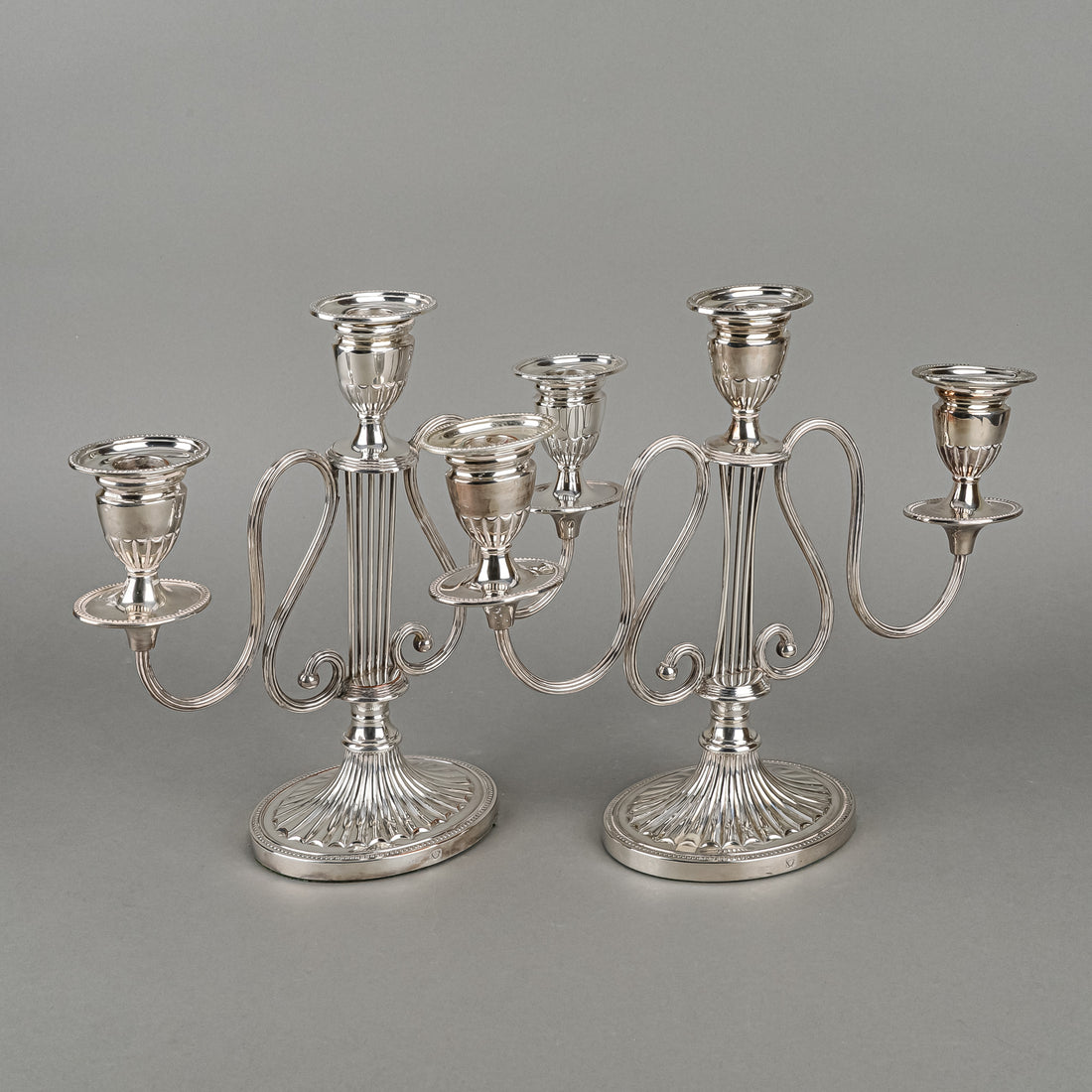 ELLIS-BARKER Silverplate Three-Light Candelabras Set Of 2 - Harp Motif