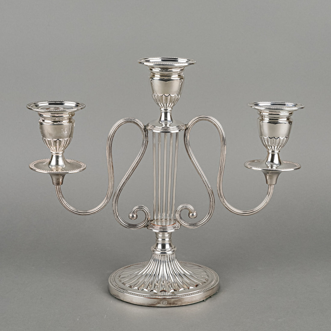 ELLIS-BARKER Silverplate Three-Light Candelabras Set Of 2 - Harp Motif