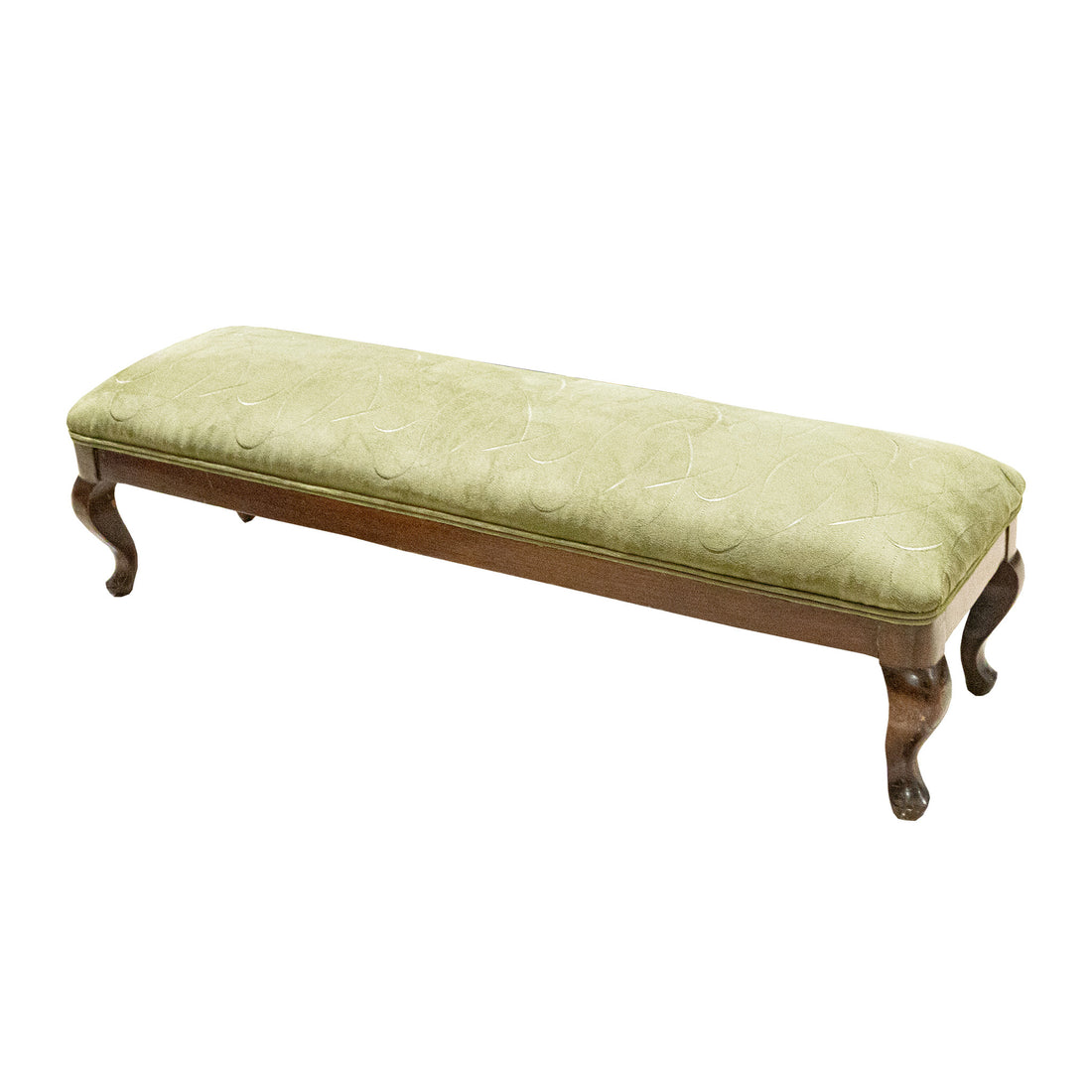 Vintage Oak Queen Anne Style Fire Bench With Green Upholstery