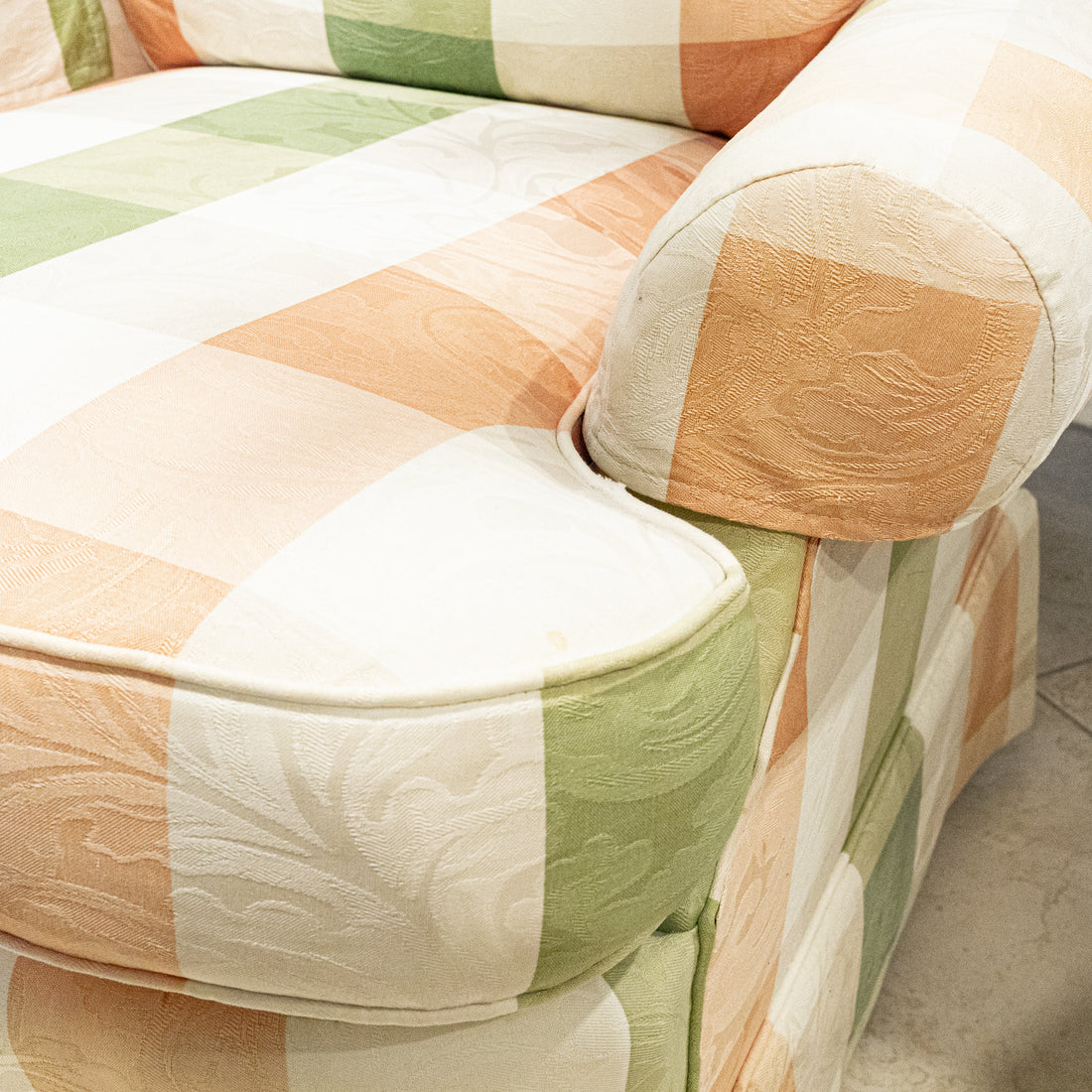 HIGHLAND HOUSE Green And Peach Plaid Upholstered Armchair