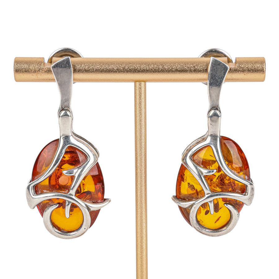 Sterling Oval Amber Caged Hinged Drop Earrings