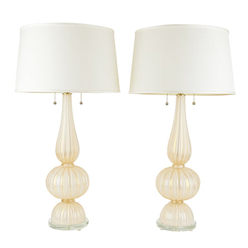 Murano Style Blown Aventurine Glass Lamps With Shades Set Of 2