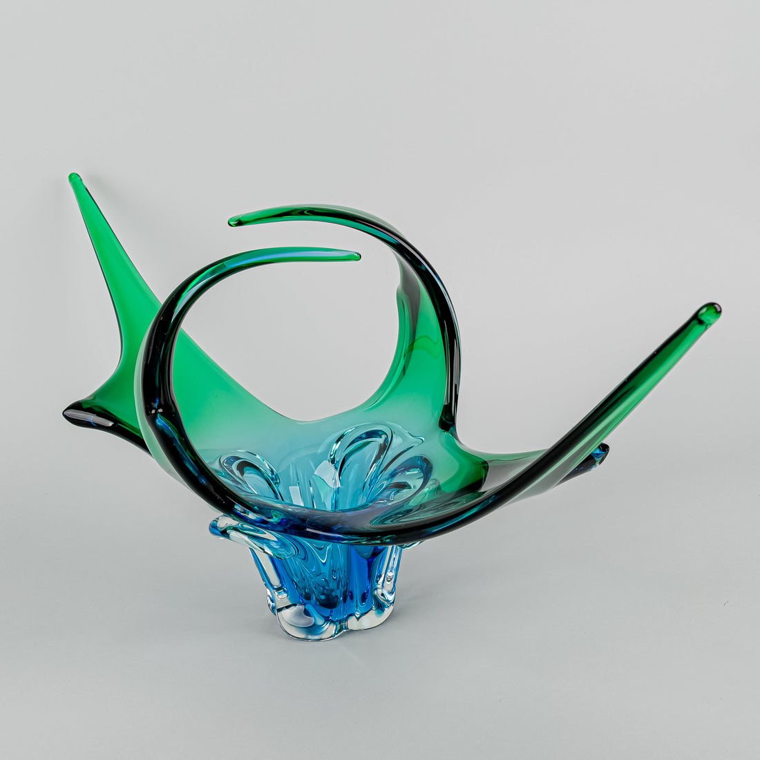 Lorraine/Chalet Style Free Form Art Glass Basket - Green/Blue