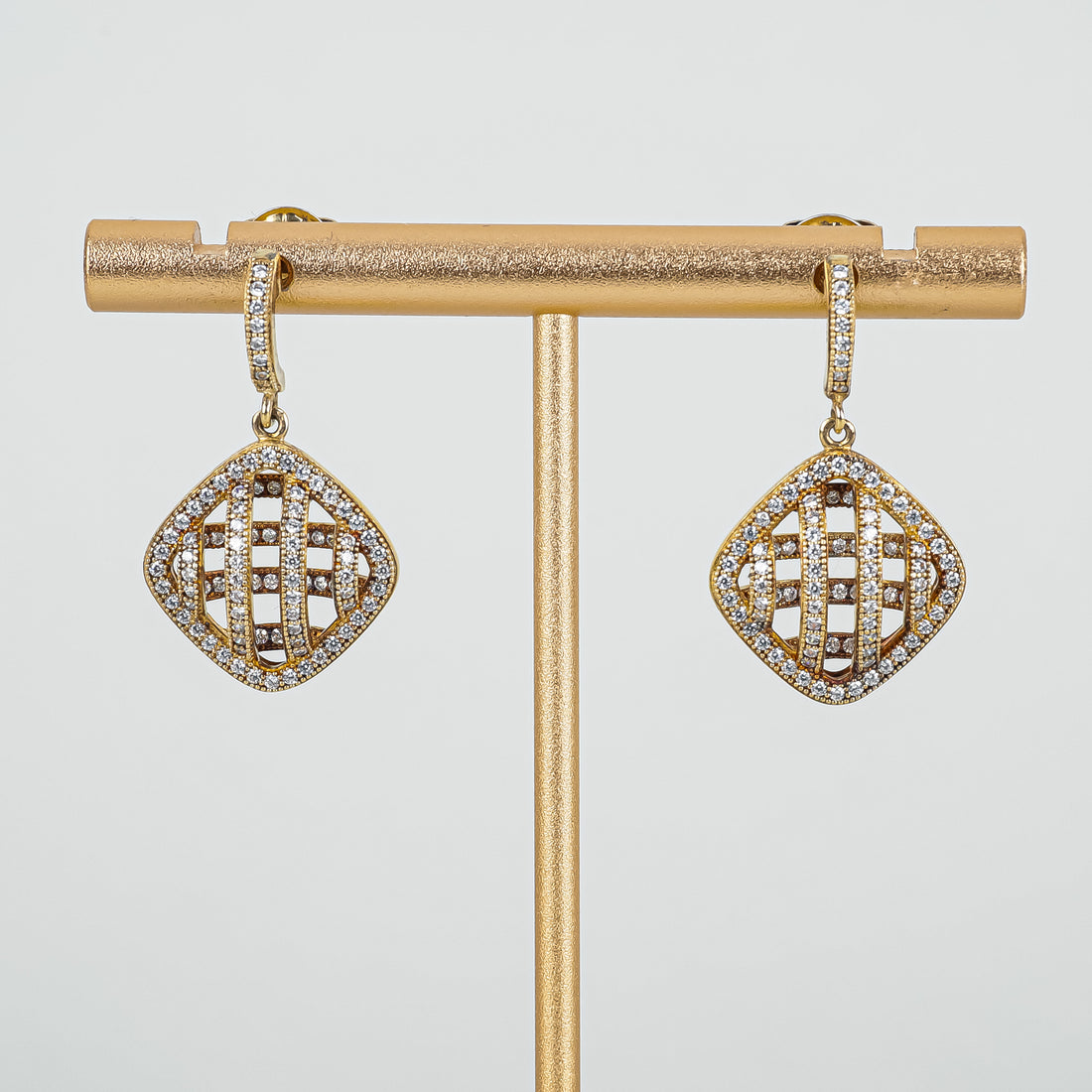 Gold Plated Sterling Silver Diamond Puff Square Dangle Earrings