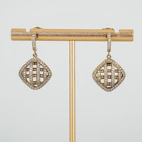 Gold Plated Sterling Silver Diamond Puff Square Dangle Earrings