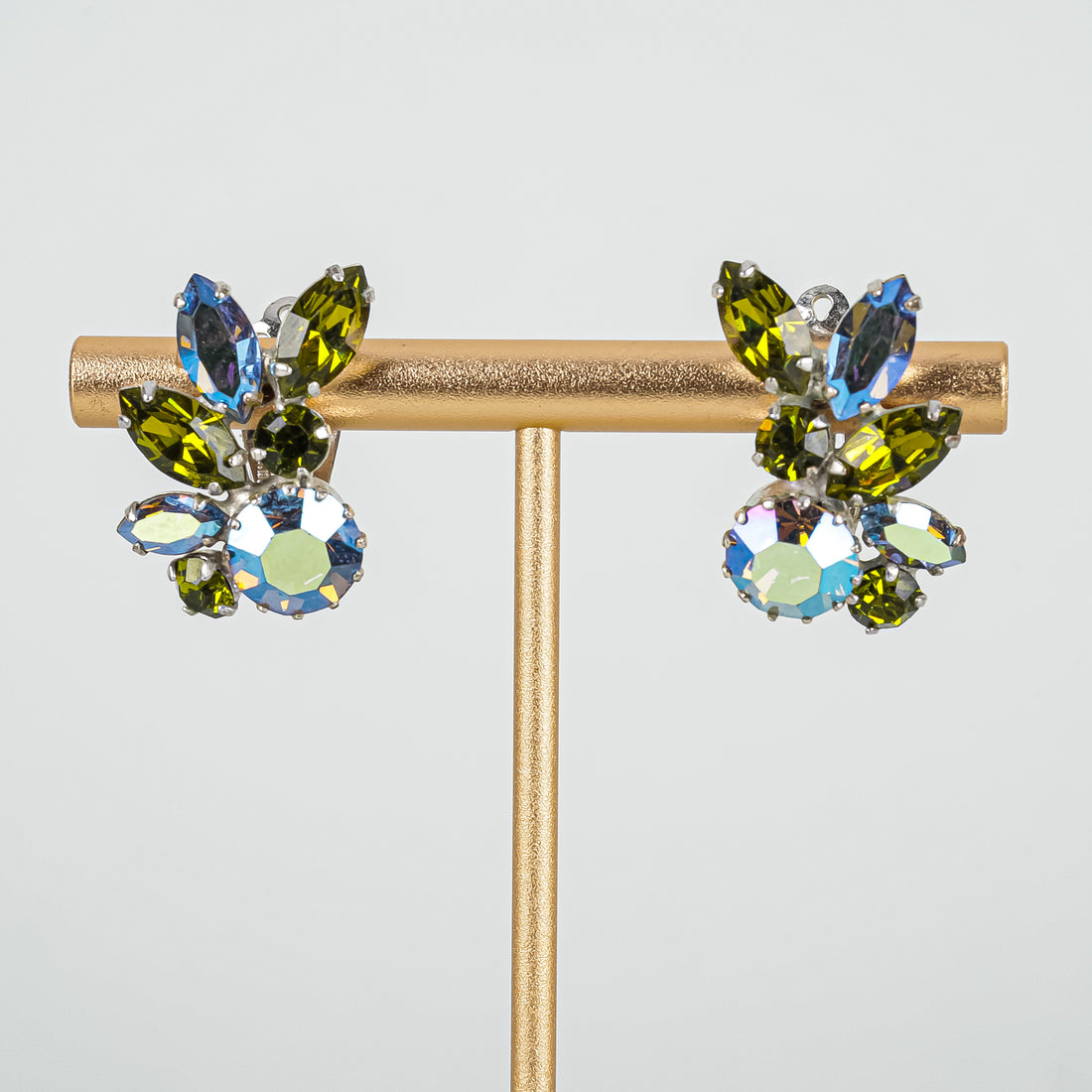 SHERMAN Blue AB Green Sweep Cluster Clipon Earrings