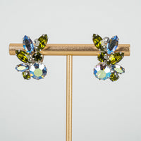 SHERMAN Blue AB Green Sweep Cluster Clipon Earrings
