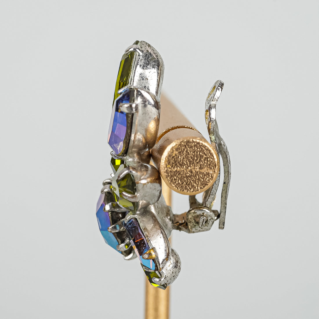 SHERMAN Blue AB Green Sweep Cluster Clipon Earrings