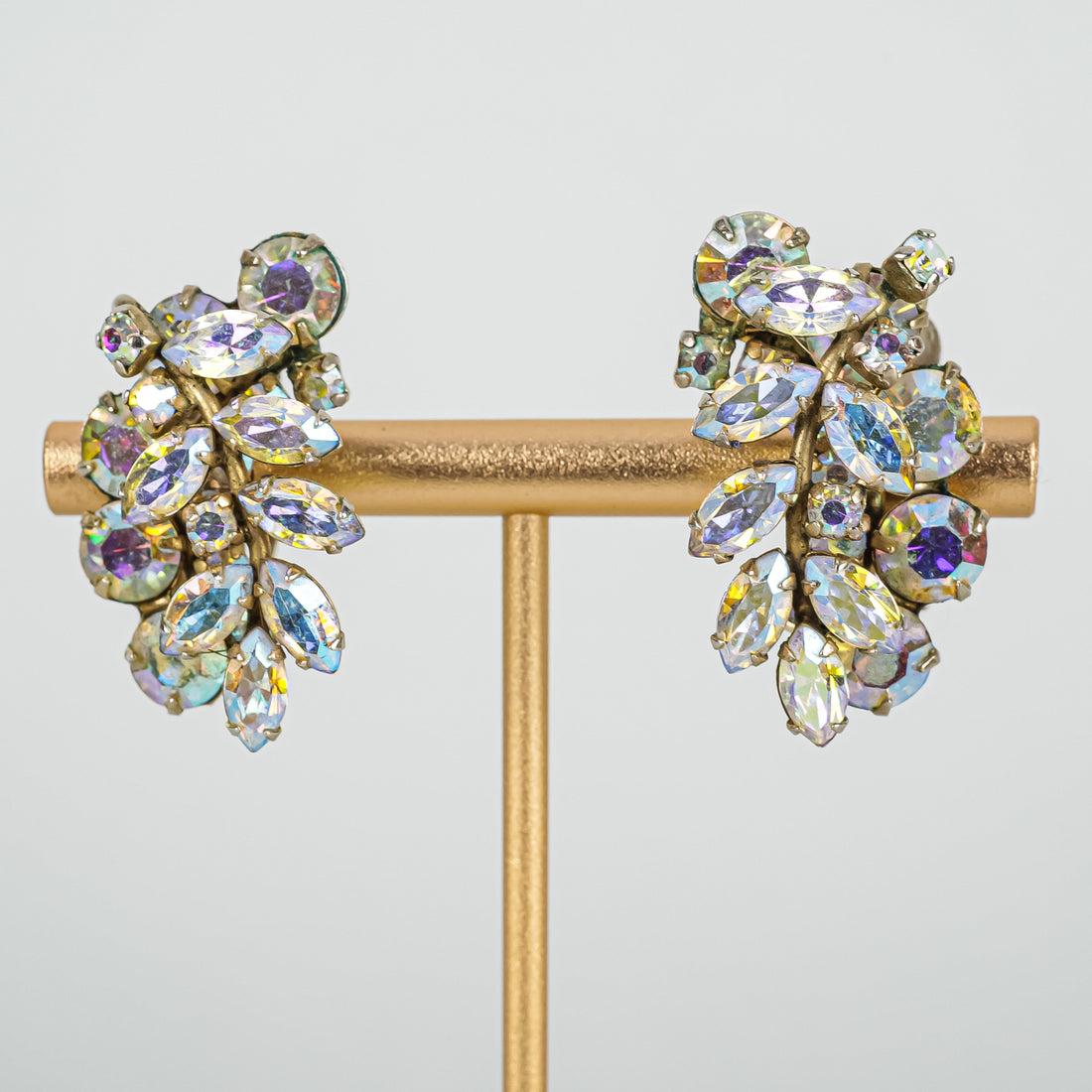 SHERMAN Gold Tone Aurora Borealis Clear Rhinestones Clip On Earrings